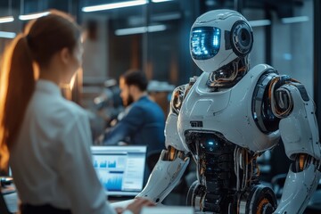 Leinwandbilder - Robotic assistant interacts with human colleague in modern office environment during work hours