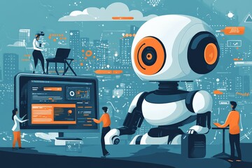 Poster - Robot interacts with humans in a futuristic cityscape focused on technology and innovation at dusk