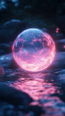 Poster - A floating orb of pink and blue glowing energy, hovering above water, with swirling particles around it, suitable for a mobile wallpaper.