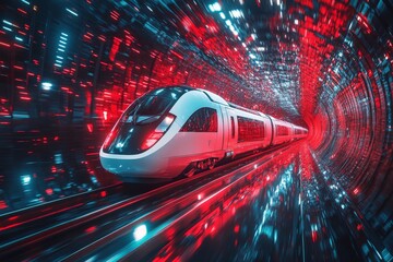 Poster - High-speed train navigating through a futuristic tunnel illuminated with red and blue lights