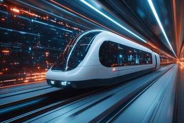 Poster - Futuristic train travels through a high-tech tunnel with glowing lights and dynamic energy patterns