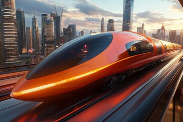 Aufkleber - High-speed train navigating through a futuristic city skyline at sunset with reflective glass skyscrapers and vibrant ambiance
