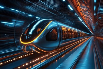 Poster - Futuristic train speeding through a neon-lit tunnel at night in a vibrant urban landscape