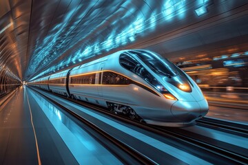 Poster - High-speed train traveling through a futuristic tunnel at night with vibrant blue lighting