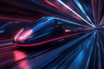 Poster - Futuristic high-speed train travels through a neon-lit tunnel in an urban environment at night