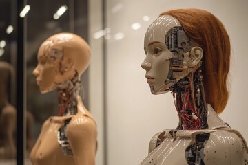 Aufkleber - Robotic mannequins on display revealing intricate internal wiring and technology at a modern exhibition space