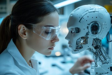 Leinwandbilder - Engineer examines humanoid robot in a high-tech laboratory during daytime hours