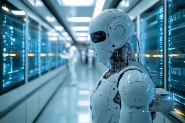 Leinwandbilder - Robotic figure stands in a futuristic corridor surrounded by advanced technology and digital displays in a high-tech environment
