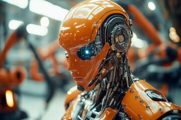 Aufkleber - Robot with intricate design in a modern factory setting showcasing advanced technology and automation