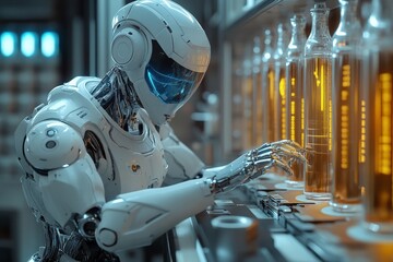 Aufkleber - Futuristic robot conducting experiments in a high-tech laboratory filled with glass vials and advanced equipment