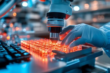 Leinwandbilder - Scientist analyzes samples under microscope in laboratory using advanced technology for research