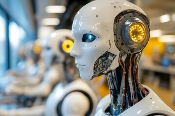 Aufkleber - Advanced humanoid robots with glowing features stand in a modern tech workspace during daylight hours