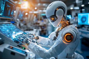 Leinwandbilder - Future of technology is showcased by a humanoid robot interacting with advanced interfaces in a high-tech lab environment
