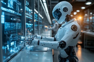 Poster - Advanced robot interacts with holographic data in a high-tech laboratory during a busy work shift