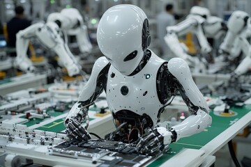Aufkleber - Robots assembling electronics in a high-tech factory during daytime shifts