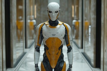Poster - Intricate humanoid robot stands in a modern corridor with reflective surfaces showcasing advanced technology