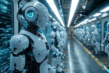 Poster - Futuristic robotics lab featuring humanoid robots with glowing accents in a high-tech environment