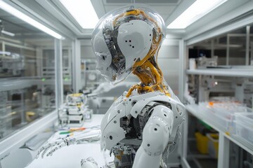 Leinwandbilder - Robotic humanoid model displayed in a modern laboratory for artificial intelligence research
