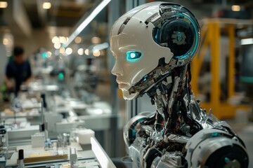 Aufkleber - Advanced humanoid robot showcased in a high-tech assembly line during a demonstration of innovative robotics technology