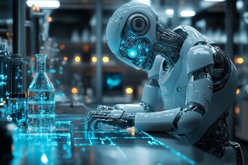 Leinwandbilder - Advanced robot working in a futuristic laboratory on digital data analysis during nighttime