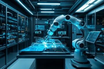 Poster - Robotic arm engaged in precise craftsmanship in a high-tech laboratory environment