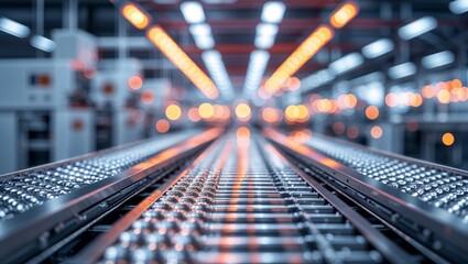 Poster - industrial conveyor belt transporting goods in a modern manufacturing facility during daytime