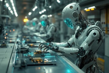 Poster - Robots assembling electronic components in a modern manufacturing facility during daylight hours