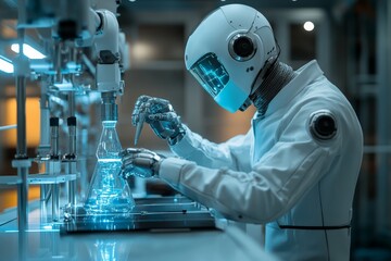 Leinwandbilder - Advanced robotics in a laboratory setting conducting experiments with glassware and futuristic technology at night
