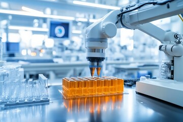 Aufkleber - Robotic arm performing precise liquid handling in a modern laboratory setting during a research experiment