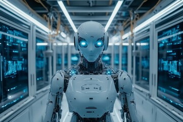 Aufkleber - Advanced humanoid robot stands inside a futuristic facility with glowing blue eyes and digital interfaces surrounding it