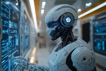 Leinwandbilder - Robot engaged in data analysis in a modern technological facility