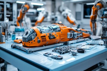Fototapete - Innovative robotic assembly in a high-tech laboratory showcasing advanced technology and design in a futuristic workspace