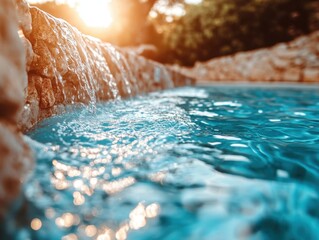 Poster - Serene cascade flowing into turquoise water reflecting sunlight in a tranquil outdoor setting with a shallow depth of field and a warm inviting atmosphere