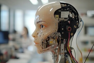 Aufkleber - Fascinating close-up of a humanoid robot head showcasing intricate technology in a modern workspace