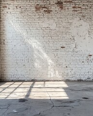 Poster - Sunlight Streaming Through Window onto White Brick Wall and Concrete Floor in Empty Industrial Space