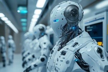Aufkleber - Advanced humanoid robots standing in a futuristic city environment with neon lights and technology in the background