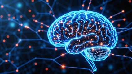 Aufkleber - Dynamic digital illustration of a glowing brain with neural connections, depicting technological and scientific themes, emphasizing neural networks, innovation, and data processing