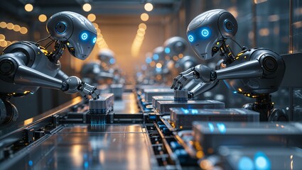 Poster - Robots assembling products on a futuristic production line in an automated factory setting