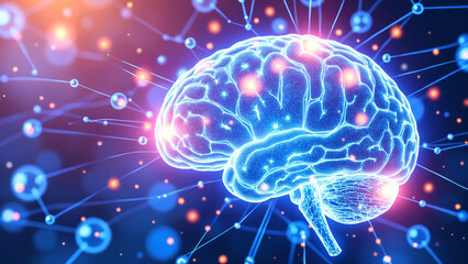 Aufkleber - Dynamic digital illustration of a glowing brain with neural connections, depicting technological and scientific themes, emphasizing neural networks, innovation, and data processing