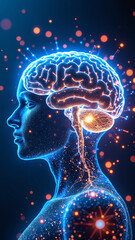 Aufkleber - Dynamic digital illustration of a glowing brain with neural connections, depicting technological and scientific themes, emphasizing neural networks, innovation, and data processing