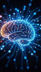 Aufkleber - Dynamic digital illustration of a glowing brain with neural connections, depicting technological and scientific themes, emphasizing neural networks, innovation, and data processing