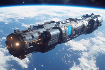 Aufkleber - Spaceship travels through Earth's orbit showcasing advanced technology and exploration