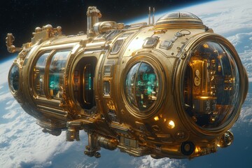 Aufkleber - Exploration vessel navigating through the vastness of space with Earth visible in the background