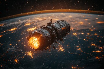Aufkleber - Spaceship orbiting Earth amidst glowing city lights at night