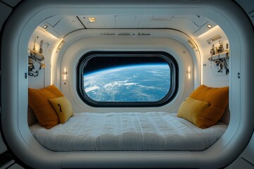 Aufkleber - Unique outer space bedroom with breathtaking view of Earth from space at dawn