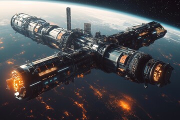 Poster - Space station in orbit above Earth showcasing advanced technology and beautiful planet views at night