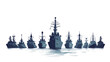 © chuan - A digital illustration depicting a fleet of warships in profile view against a white background. The ships are rendered in shades of dark blue, creating a silhouette effect.  The central
