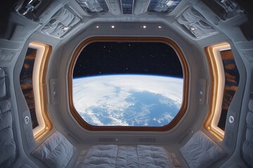Aufkleber - View of Earth from a space habitat showing a vibrant atmosphere and stars in the background