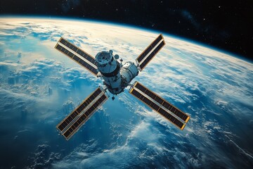 Aufkleber - Satellite orbits Earth, showcasing advanced technology and planetary beauty in a stunning view of our planet from space
