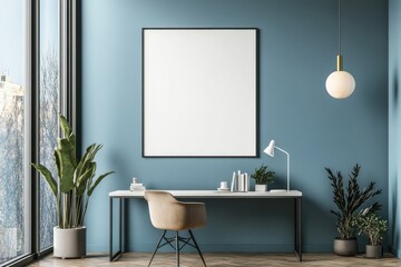 Aufkleber - Minimalist workspace with a blank white poster on a blue wall, a modern desk, a beige chair, and indoor plants, ideal for design mockups and branding presentations